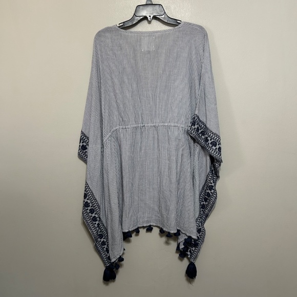 Women's Striped Tunic Popover XS/S Oversized Gray White Blue Tassel Lagenlook - Picture 2 of 7